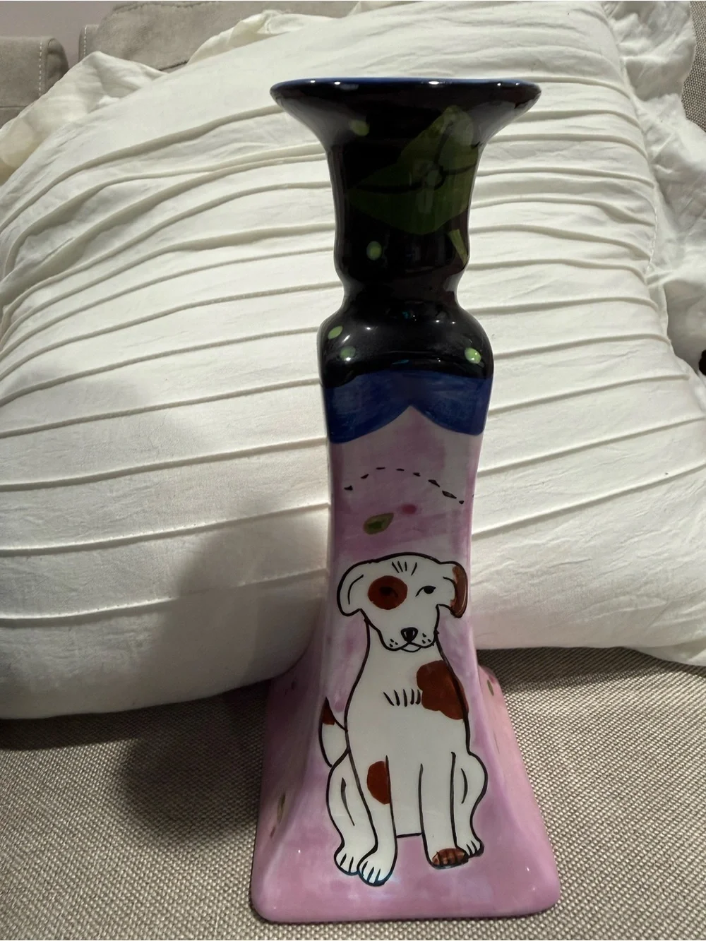 Groovy Cat & Dog by Chaleur  Hand-Painted Dog Ceramic Candle stick Holder -